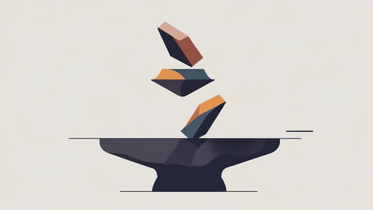 an anvil with three non-descript objects floating above it